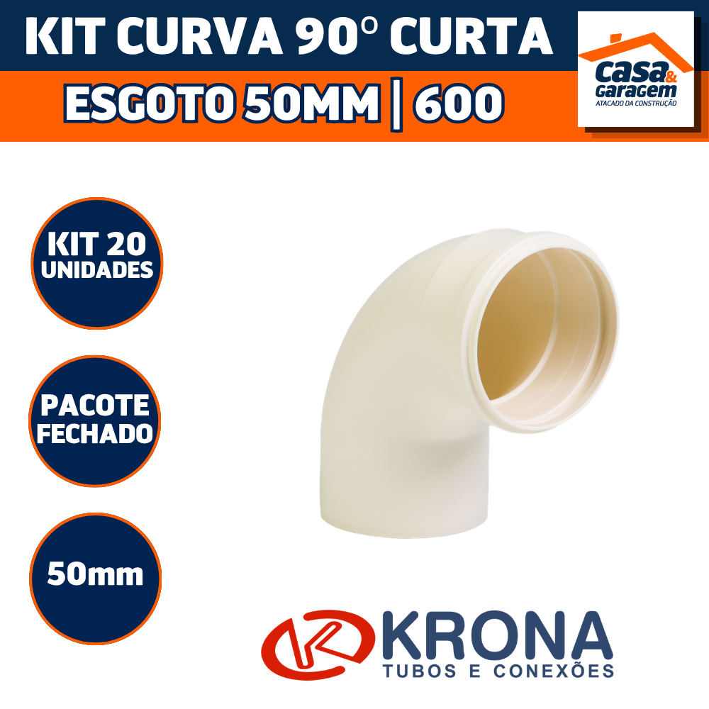 Kit Com 20 Curva 90° Curta Esgoto 50mm 600 Krona Conexão PVC