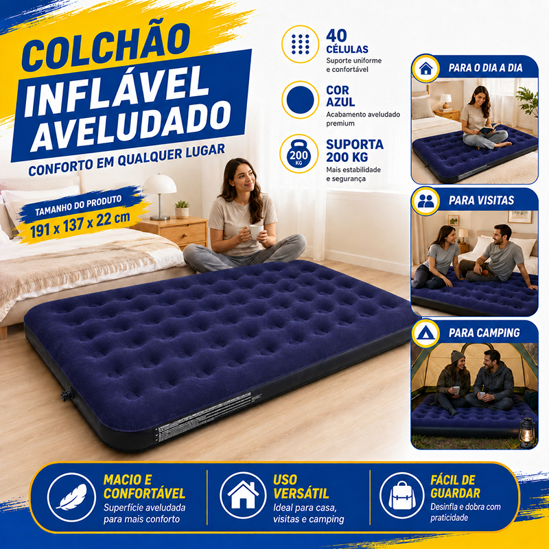  Colchão Inflável Casal 191x137x22cm - Resistente e Portátil - Ideal para Viagens e Acampamento