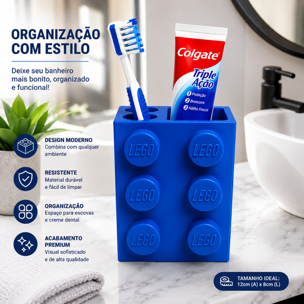 kit Porta Escova Infantil + Porta Pasta | Estilo Bloco Lego | Cores Variadas | Personalize infantil Brinquedos