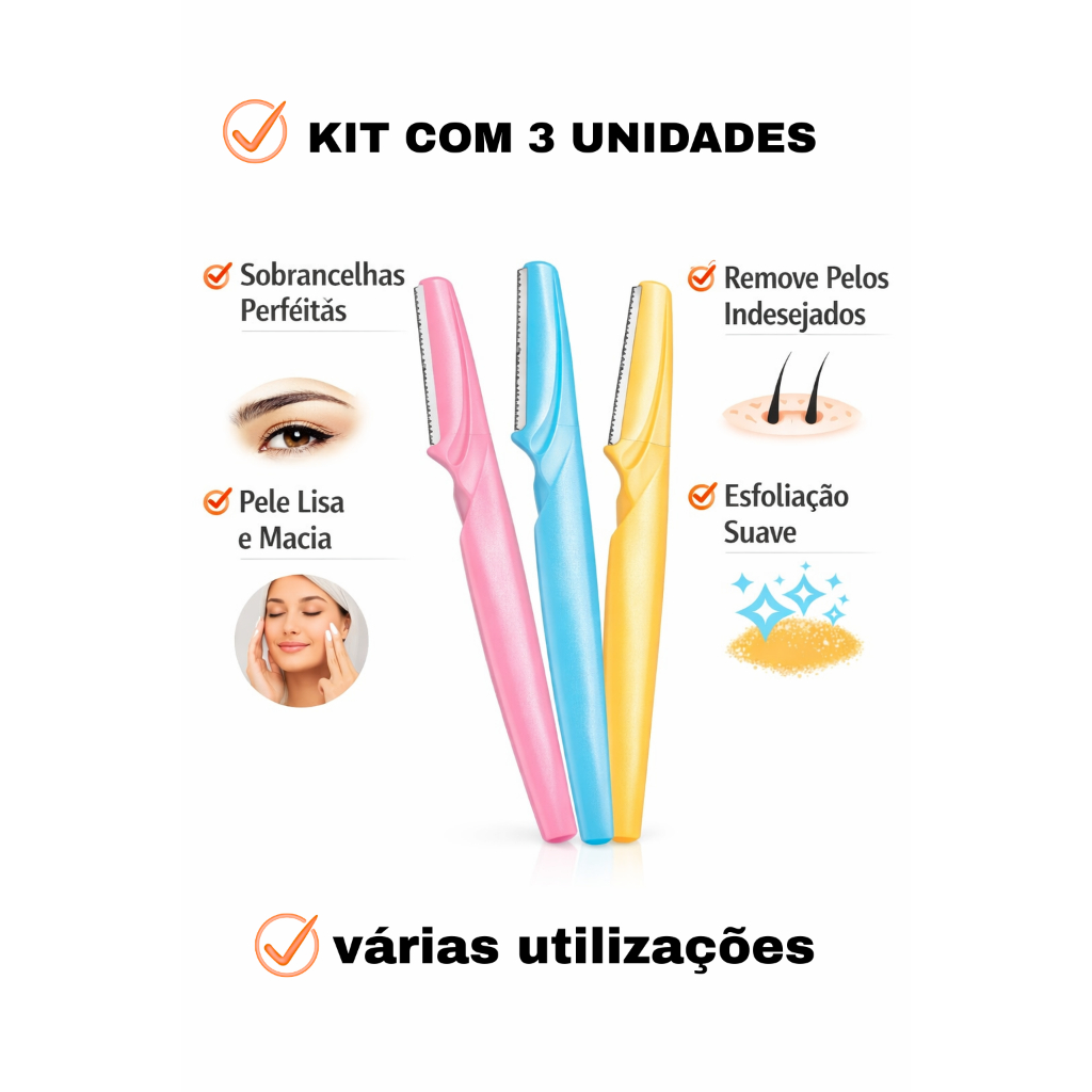 Kit com 3 Lâminas Faciais -Sobrancelha, Rosto e Skincare Navalha para Depilação de buço e axila  Removedor Pelos Facial