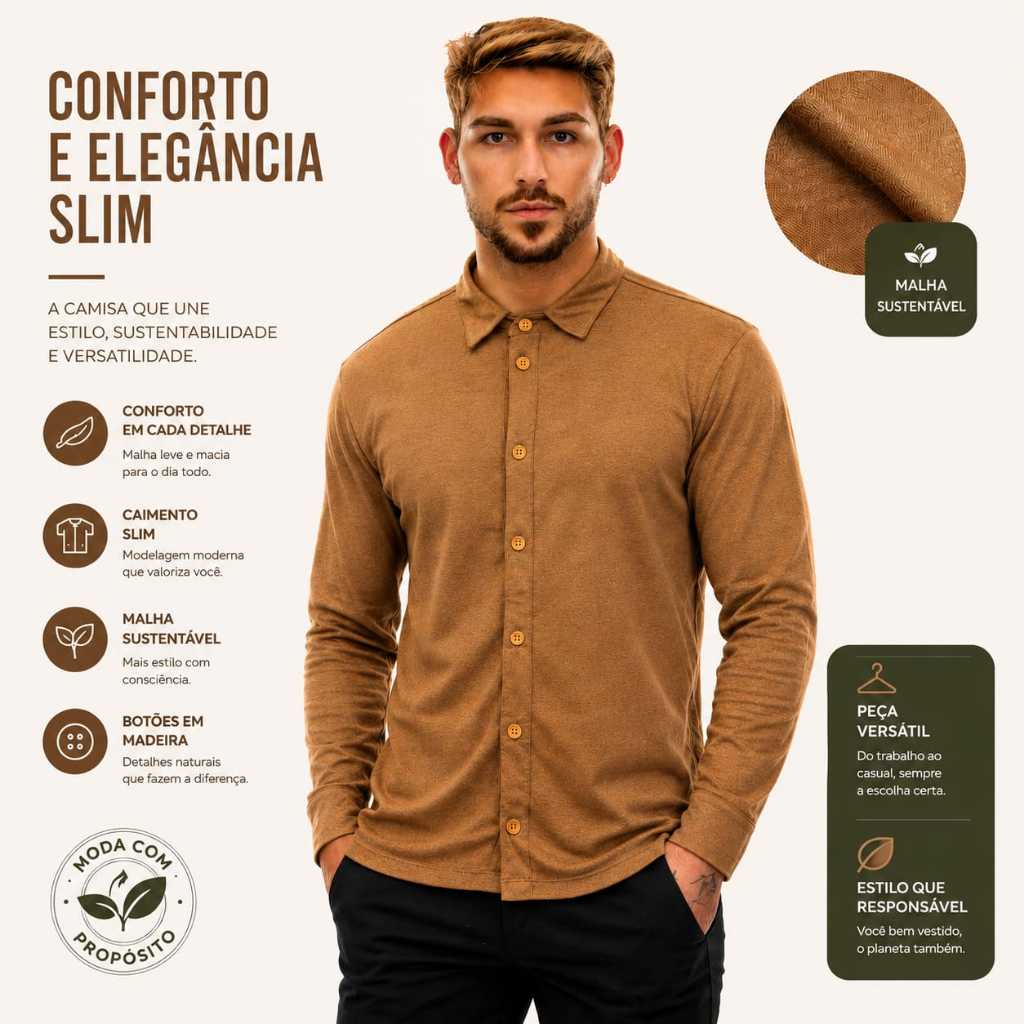 Camisa Manga Longa Masculina Modelagem Slim Homem Moderno Moda Sustentável