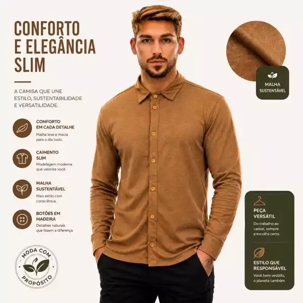 Camisa Manga Longa Masculina Modelagem Slim Homem Moderno Moda Sustentável