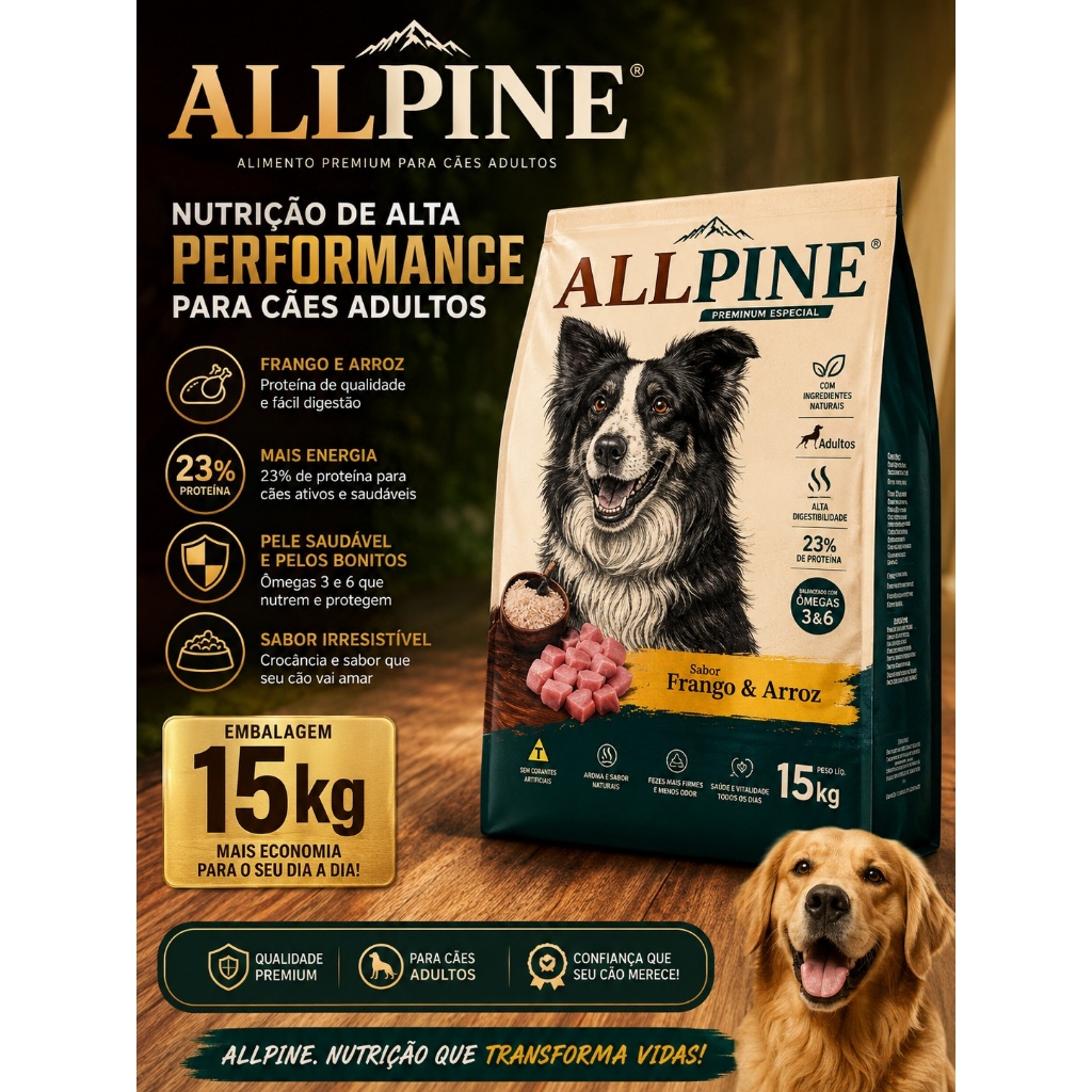 Ração 15Kg Premium Especial 23% Proteína Cães Adulto Alpine Dog - Frango E Arroz.