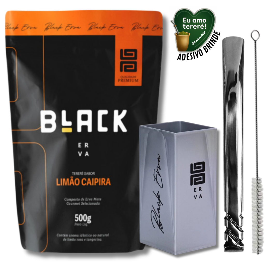 KIT Tereré Completo Erva Mate Black 500g + Copo Quadrado Cinza + Bomba Tereré v6 Inox + BRINDES
