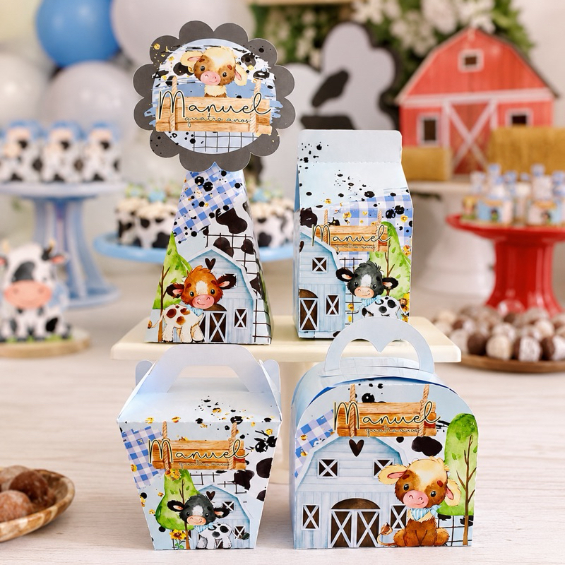 KIT FESTA LEMBRANCINHAS CAIXINHAS PERSONALIZADAS FAZENDINHA AZUL (PEGUE E MONTE) | DECORAÇÃO DE MESA