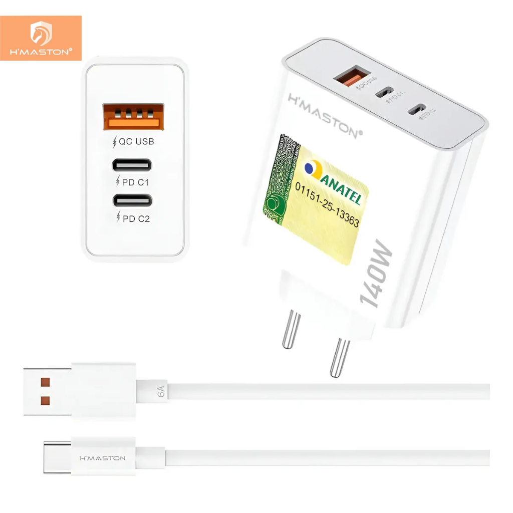 Hmaston Y74-3 Carregador Turbo Fonte 140w Usb/2usb-c +cabo Tipo-c 6a
