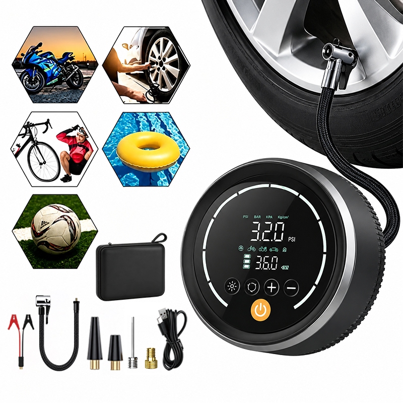 Compressor de Ar Portátil 12V 8000mAh Wireless Inflador Digital Pneus Carro Moto Bike Bolsa EVA
