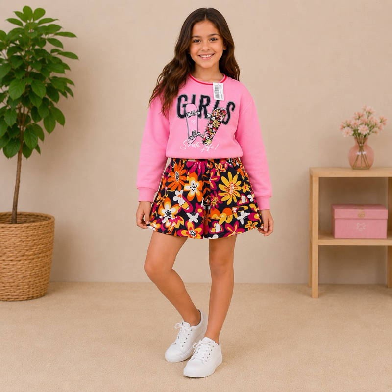 Conjunto Infantil Menina Moletom Rosa + Short Saia Floral TAM 10 Fashion Casual