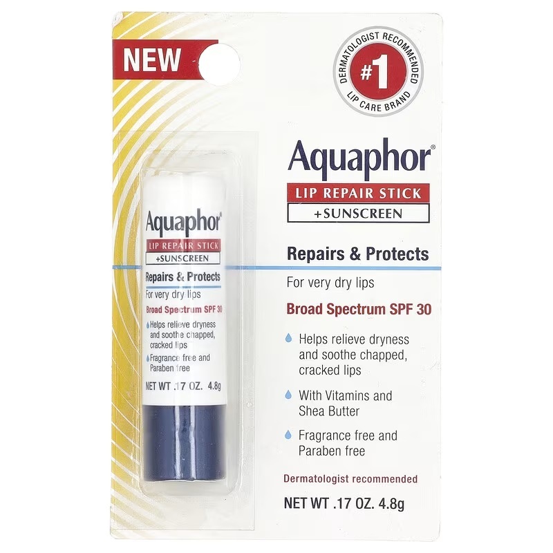 Aquaphor, Reparador Labial em Bastão + Protetor Solar, FPS 30, Sem Perfume, 4,8 g (0,17 oz)