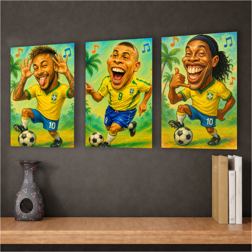 Kit 3 Quadros Decorativos Seleção Brasileira Caricaturas Zueiras Ronaldo Fenomeno Ronaldinho NJ Quarto Sala Presente