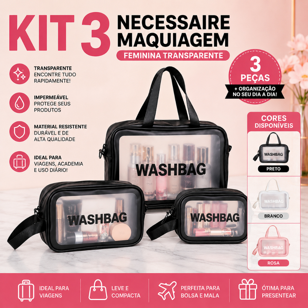 Kit 3 Necessaire Maquiagem Feminina Transparente WashBag a prova de água Viagem