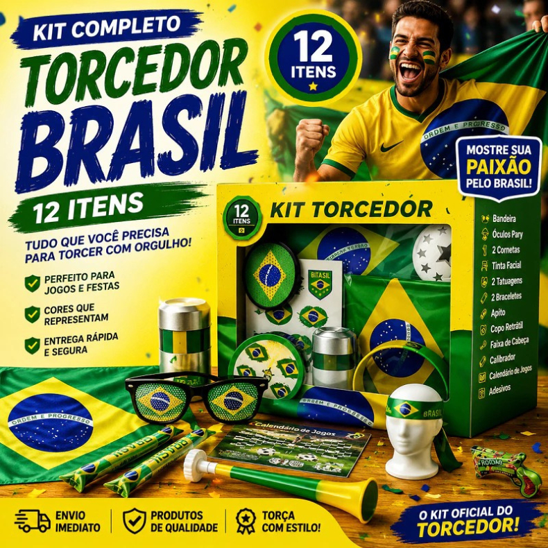 Kit Torcedor Futebol Brasil 12 Itens Completo para Jogos e Festas Copa