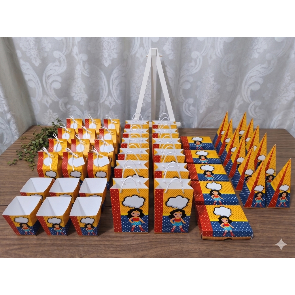 25 a 100 itens pegue monte aniversário mulher maravilha lembrancinha sacolinha surpresa, caixinhas milk pronta entrega