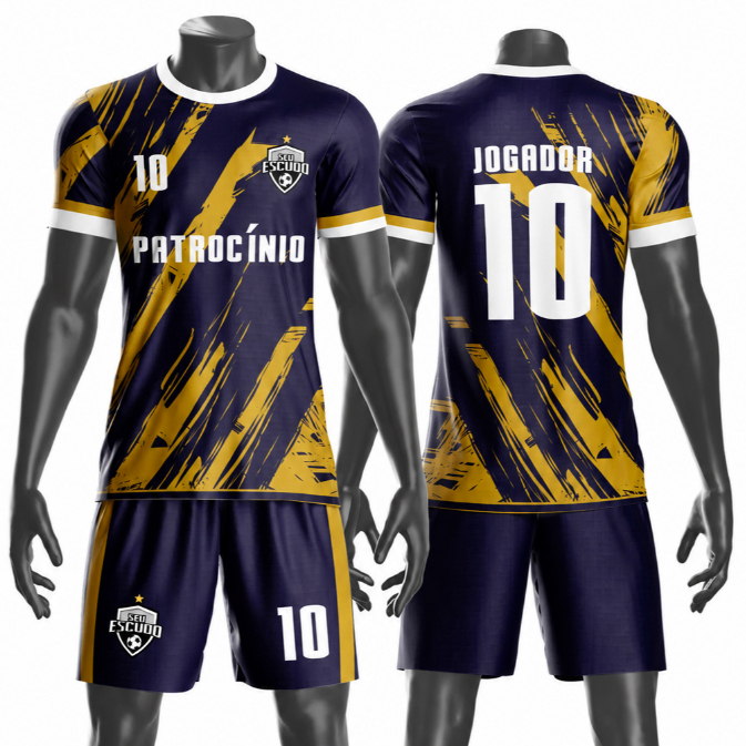 Uniforme jogador futebol amador esportivo camiseta e calção personalizavél nome número escudo mo 129