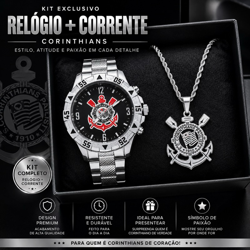 Kit Relógio + Corrente CP Masculina Premium Dourado e Prata