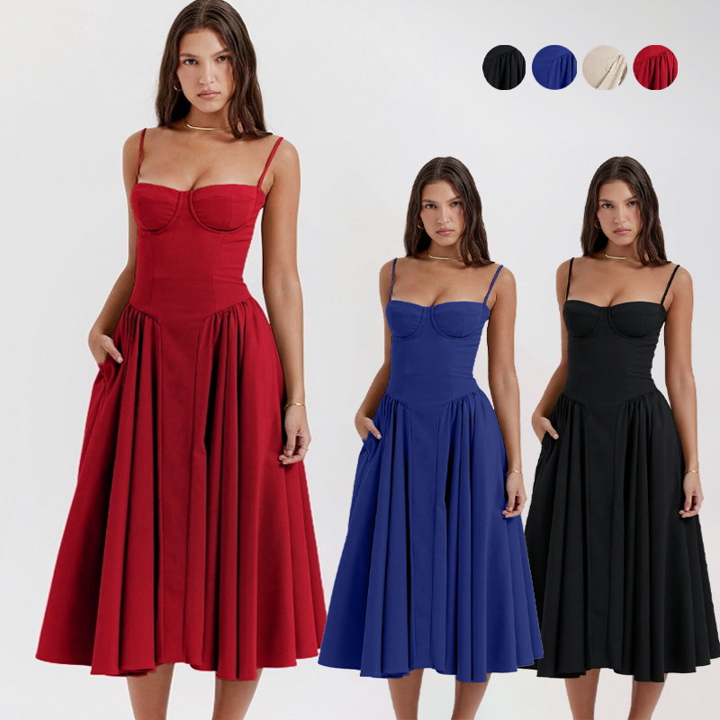 Vestido Longo Feminino Estilo Vintage Alças Finas Corte Clássico e Liso para Festa