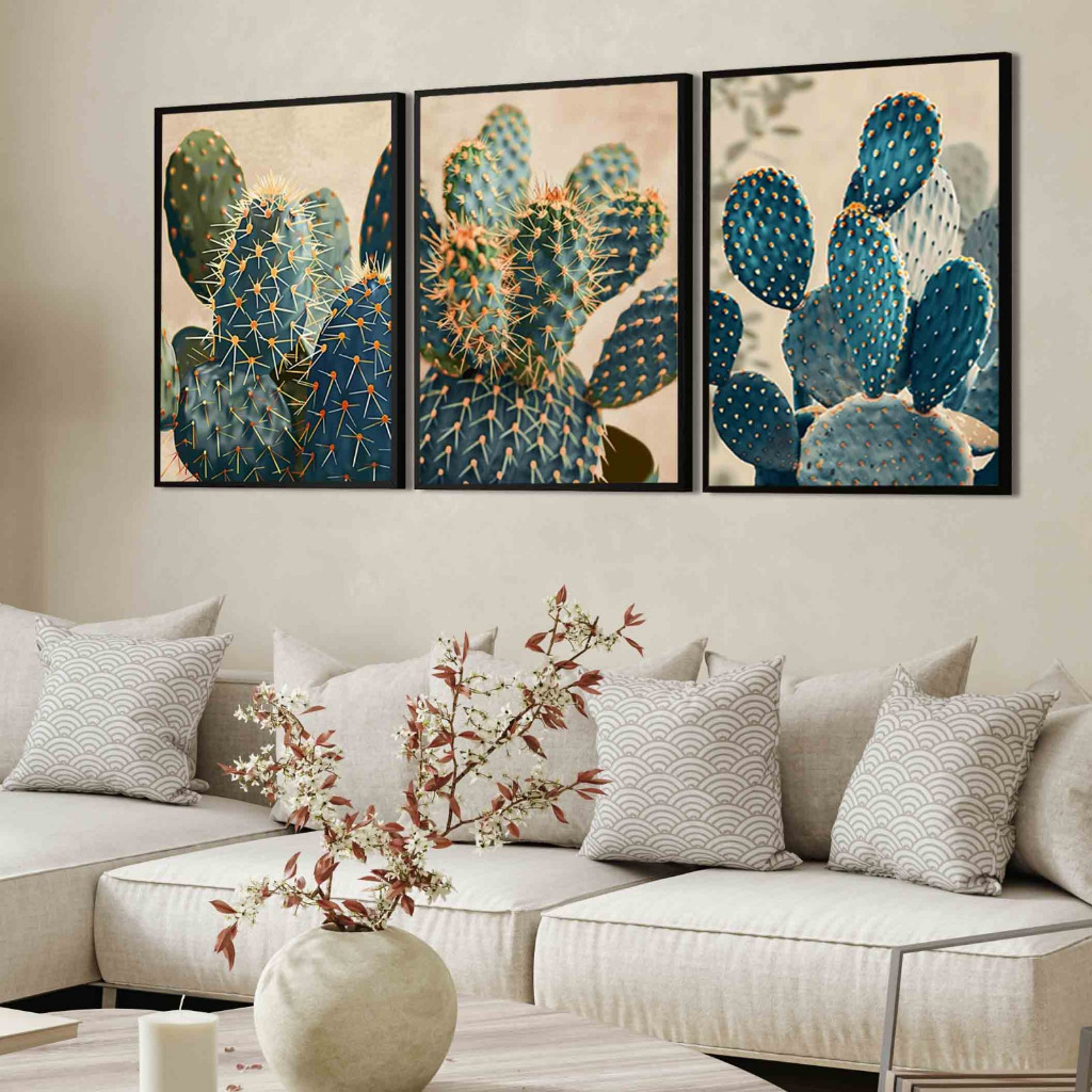 kit 3 quadro decorativo cactos verdes deserto folhagem suculentas decor sítio varanda casa com molduras