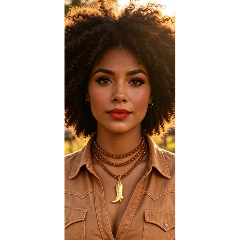 Colar Bota Country Feminino Dourado | Choker Couro Boho Western