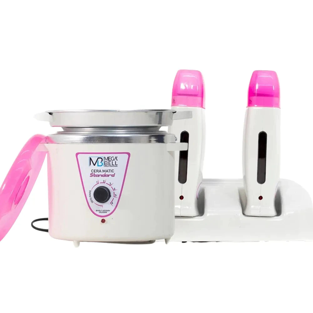 Termocera Panela Depilação 900g c/ Refil Branco/Rosa + Base Dupla c/ 2 Rollon Branco c/Rosa Mega Bell