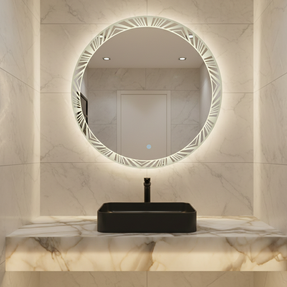 Espelho Redondo Jateado AURA com 3 TONS DE LED e botão TOUCH SCREEN, Quarto, Ban