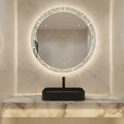 Espelho Redondo Jateado AURA com 3 TONS DE LED e botão TOUCH SCREEN, Quarto, Banheiro,Camarim,Lavabo