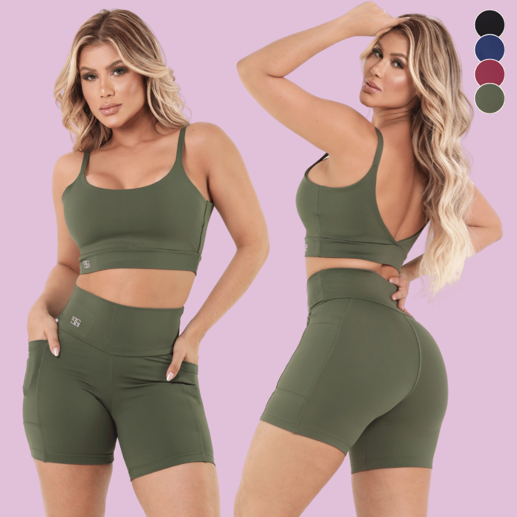 Conjunto Fitness Bermuda com Bolso e Top de Alça Poliamida Zero Transparência