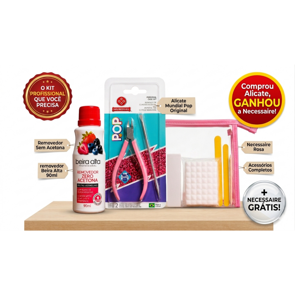 Kit Manicure Completo Com Necessaire Rosa + Alicate Mundial POP Original Profissional Unhas E Cutícula
