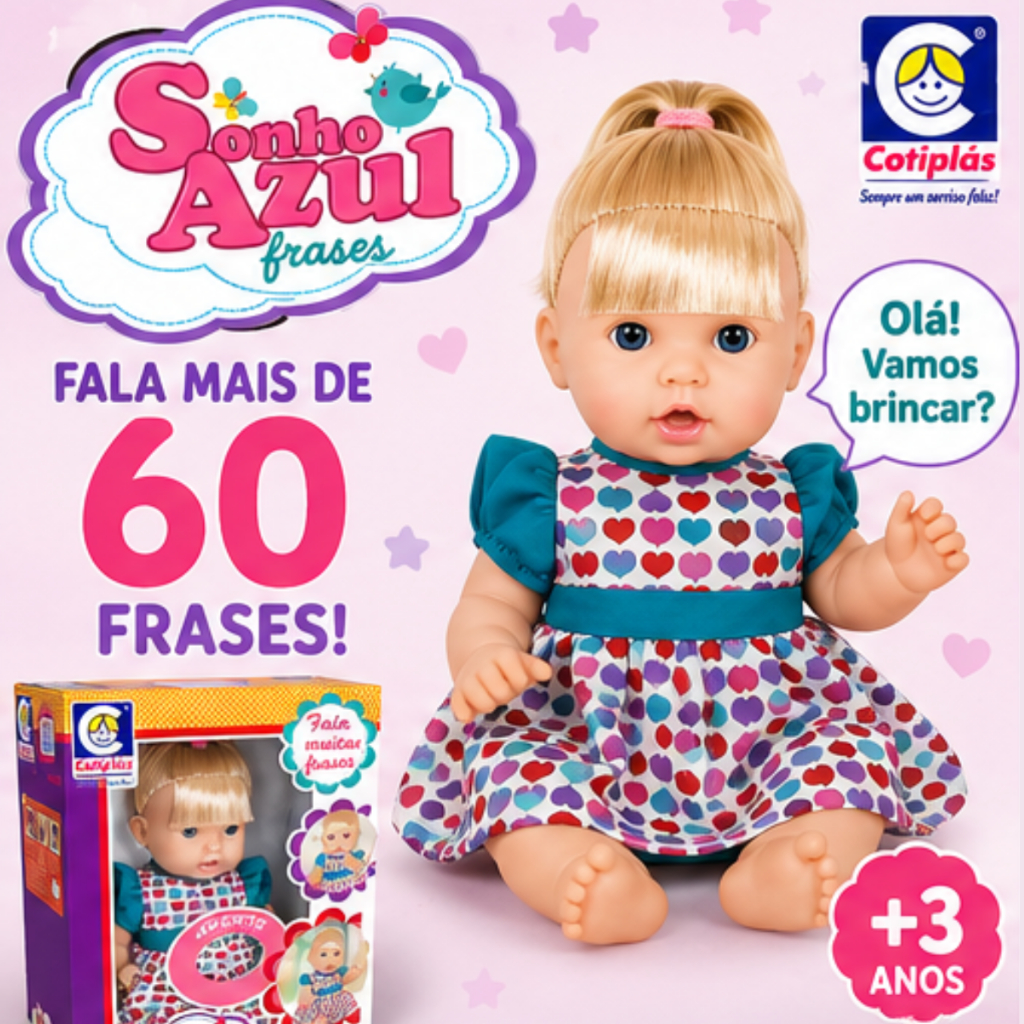 Boneca Que Fala 60 Frases Sonho Azul 32cm Com Cabelo Loiro e Roupinha Articulada Cotiplás