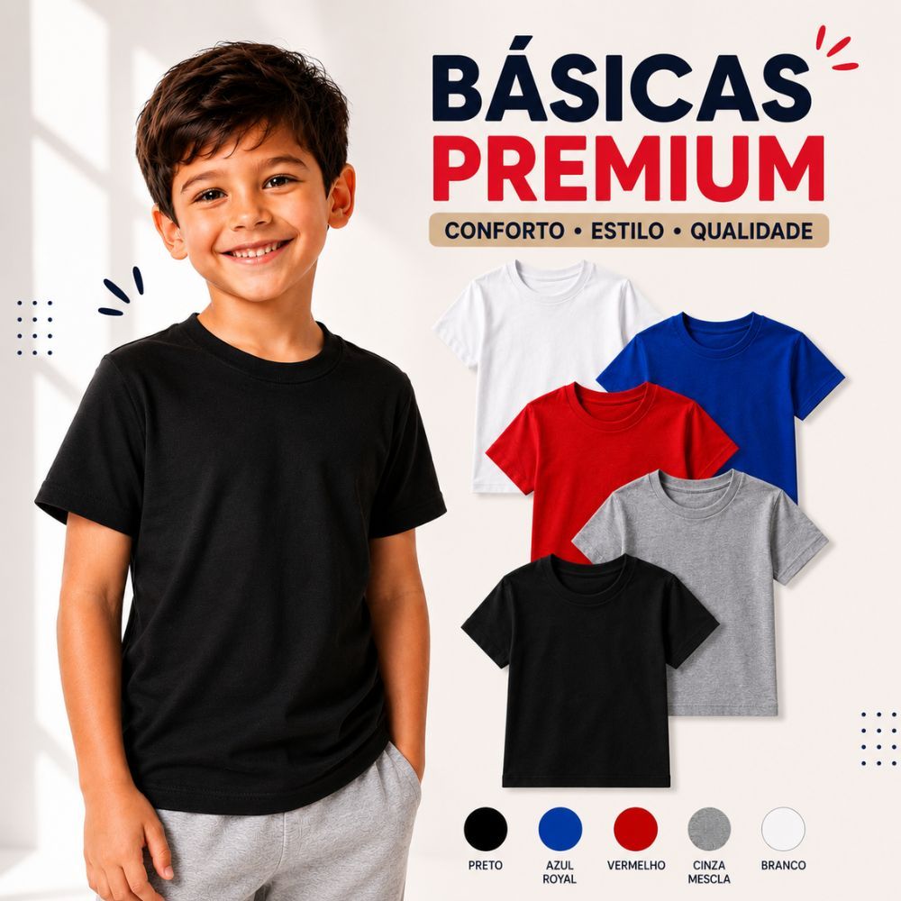 Camiseta Infantil Masculina Lisa Premium 100% Algodão do 1 ao 10 Anos