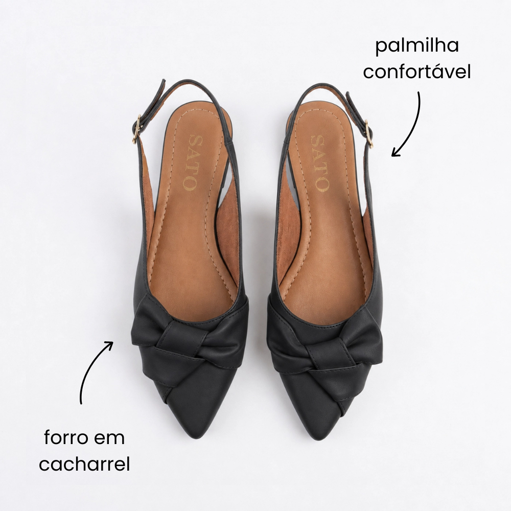 Sapatilha Cor Preto Sandália Slingback Feminina Bico Fino Aberta Atrás Acabamento Elegante Premium