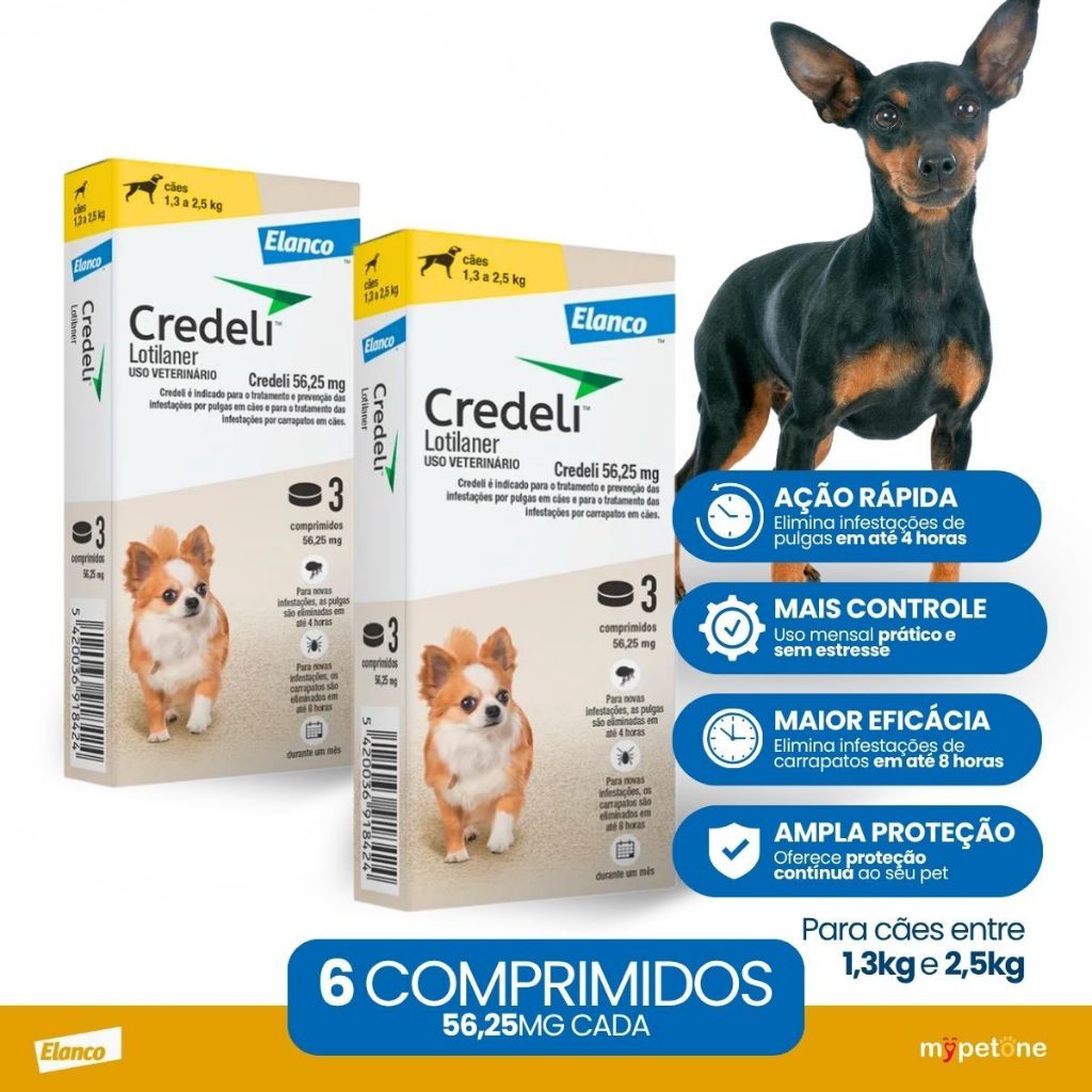 Kit 2 Antipulgas e Carrapatos Elanco Credeli para Cães de 1,3 até 2,5 Kg - 56,25 mg