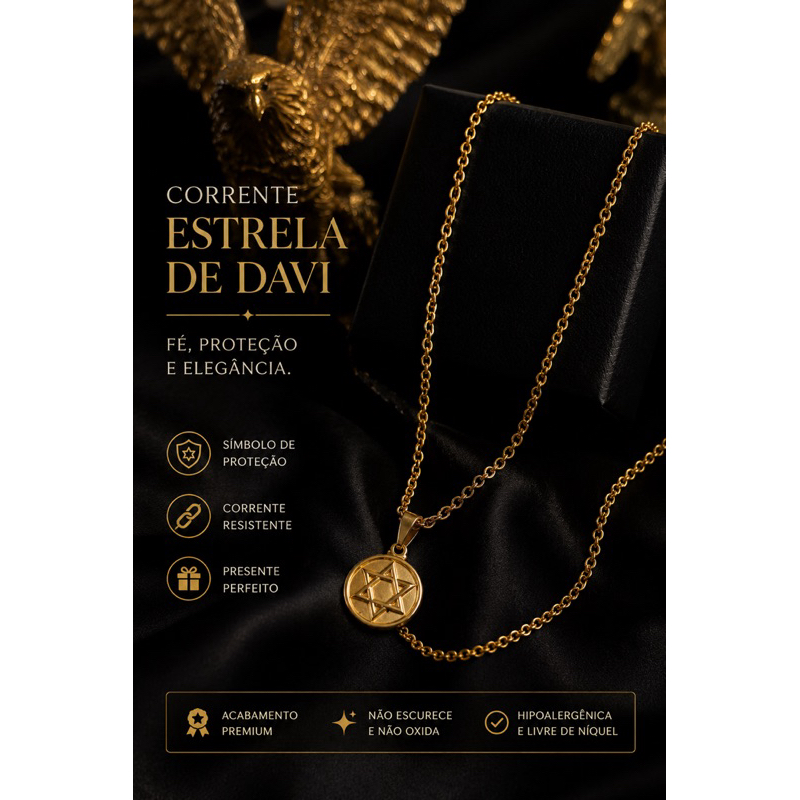 Cordão Masculino Moeda Antiga 60cm com Medalha Estrela Davi
