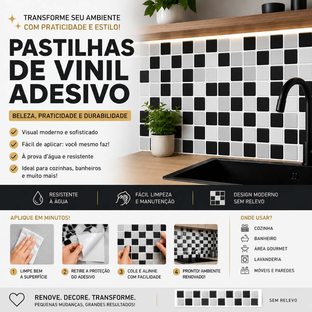 Faixa Decorativa Pastilha Mosaico Vinil Auto Adesivo Cozinha Banheiro Papel de Parede