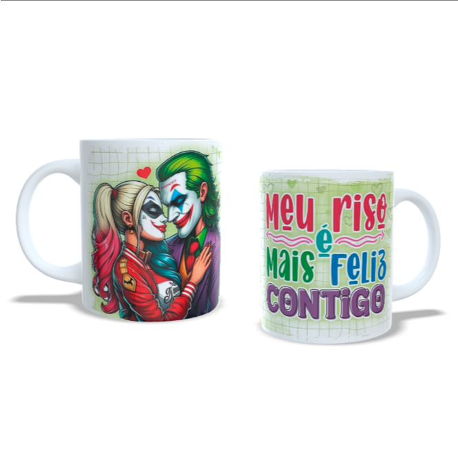 Caneca personalizada Coringa&Arlequina meu sorriso é mais feliz contigo