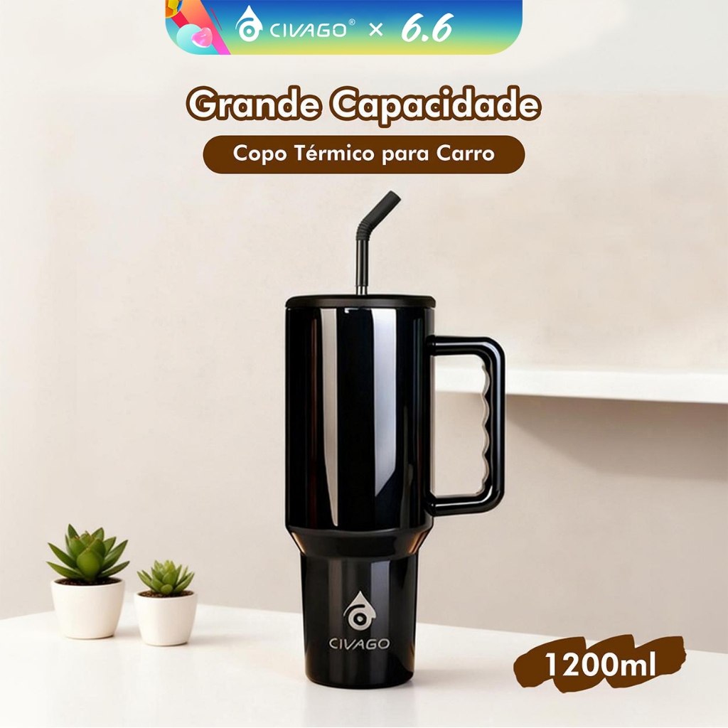 CIVAGO Copo Térmico Aço Inoxidável 1200ml Garrafa Térmica bebida gelada Grande para Carro com Tampa e Canudo de Silicone