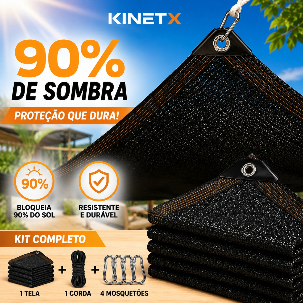Rede De Sombreamento 90% 6x5m KINETX Material Premium Com Ilhós E Bainha + Corda E Mosquetão