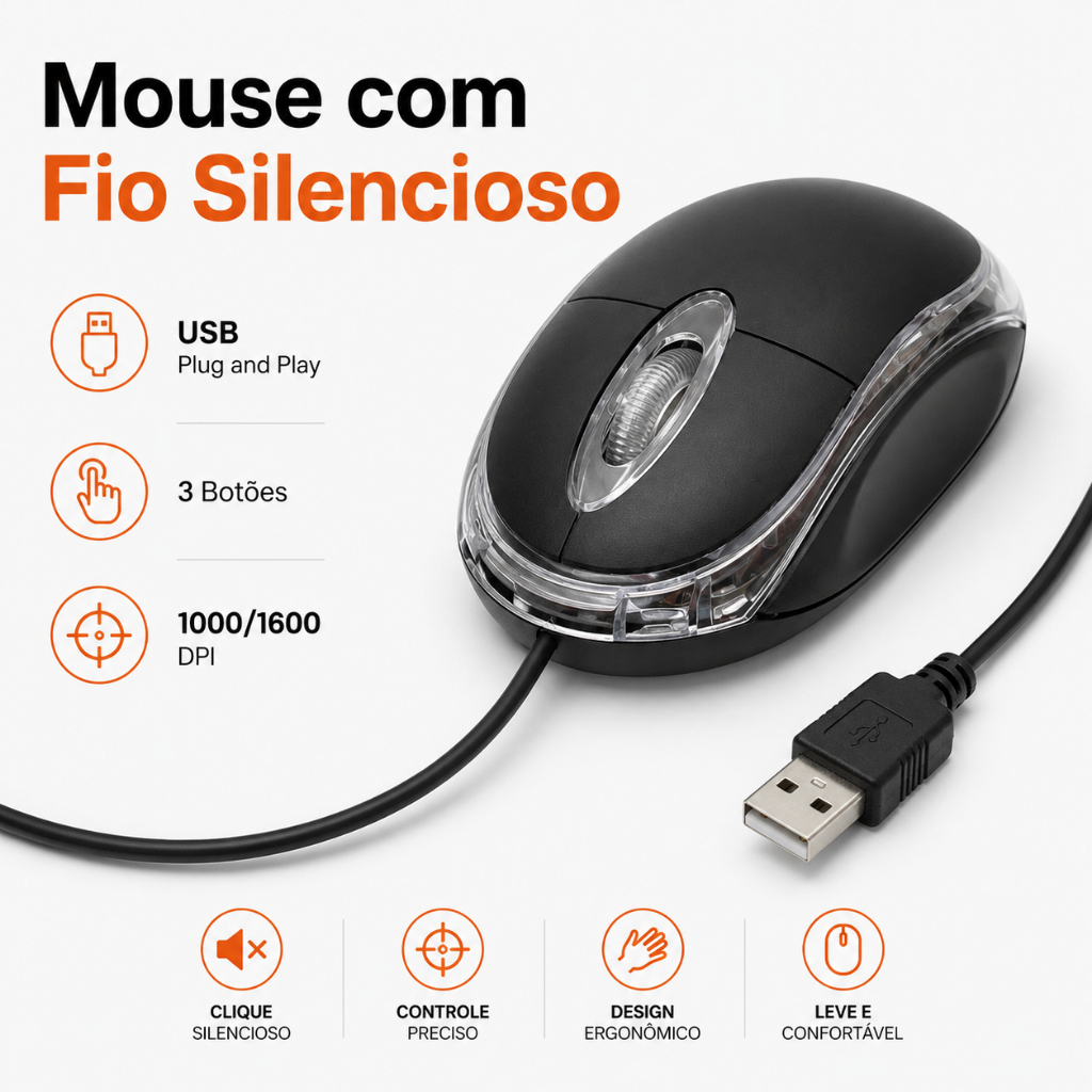 Mouse com Fio Silencioso H'maston MS01 USB 3 Botões 1000/1600 DPI para PC Notebook Escritório MS01