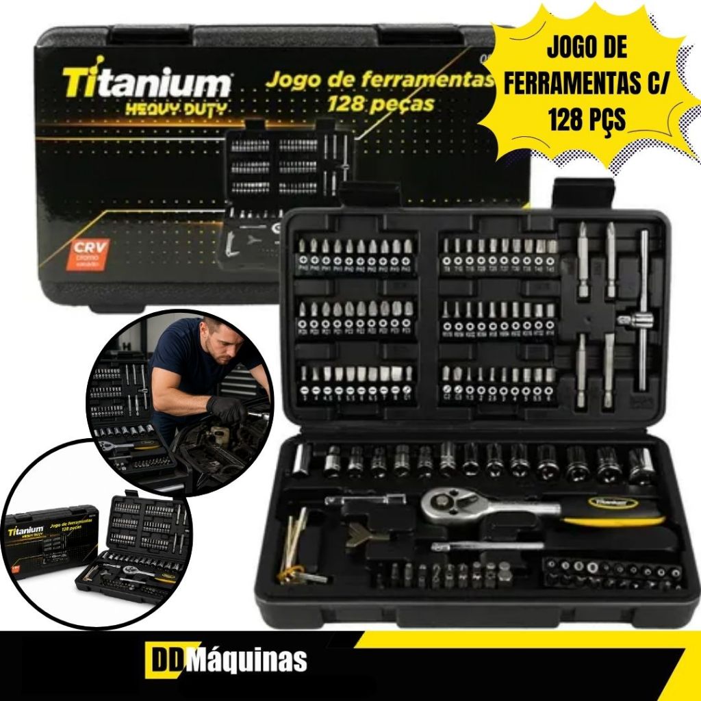 Jogo De Ferramentas Manuais Com 128 Peças Cromo Vanádio Profissional - Titanium
