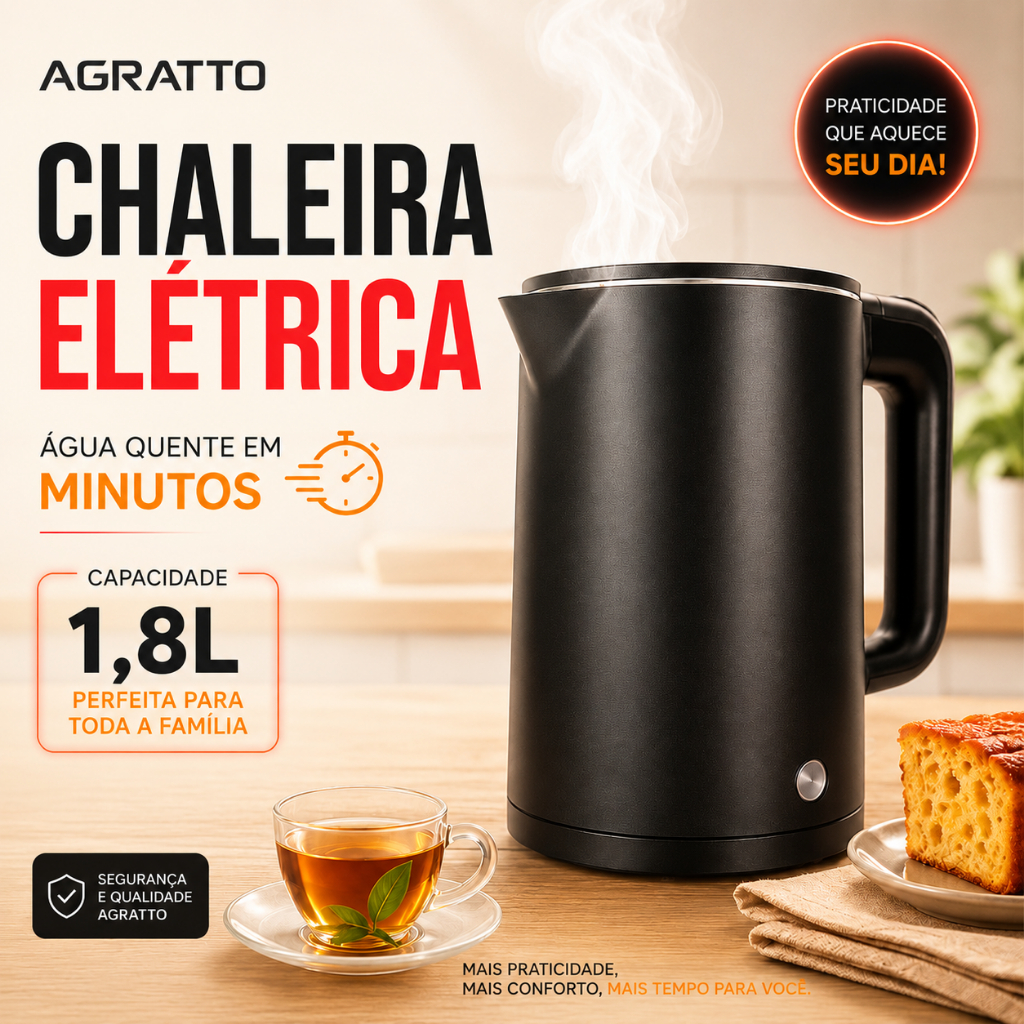 Chaleira Elétrica 1,8L Xaleira Preta Moderna Jarra Elétrica Inox Chaleira de Fer
