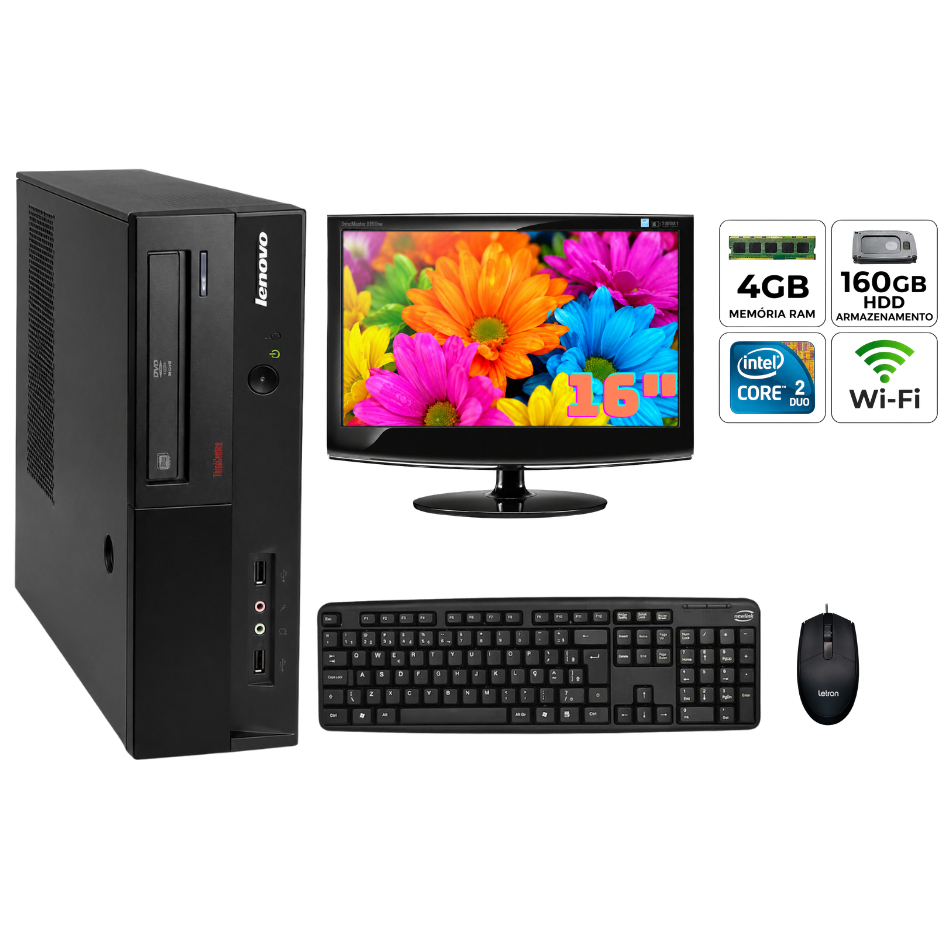 Computador Completo Lenovo Core 2 Duo 4GB Ram 160GB HD Tela 16" Wifi Trabalho Estudo Nota Fiscal