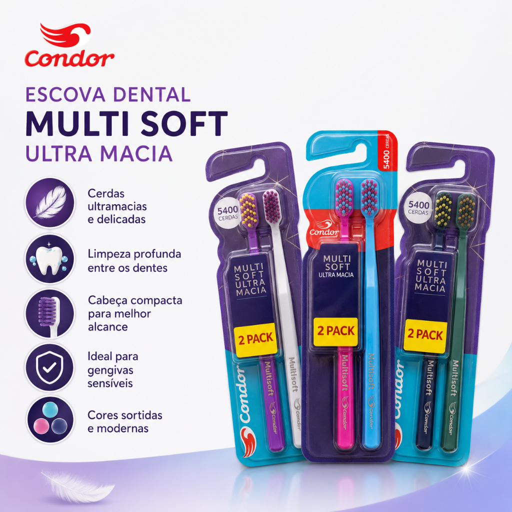 Kit Escova Dental Condor Multisoft Ultramacia Cerdas Macias Limpeza Profunda