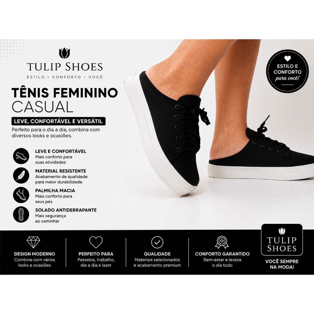 Tênis Mule Feminino Babuche  Calce Fácil Confortável