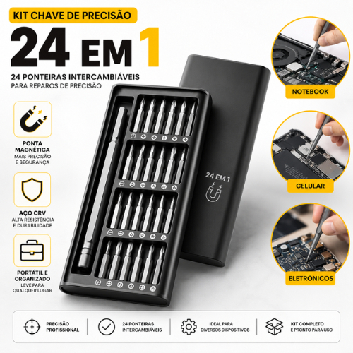 Kit Chave Precisão 24 Em 1 Magnética Profissional 24 Ponteiras CRV Reparo Celular Notebook iPhone PC Manutenção Pro
