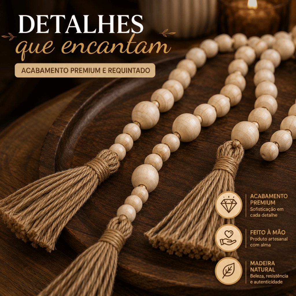 Imagem Kit 02  Colar Japamala Decorativo Boho Chic Madeira Natural Com Franja Rústico