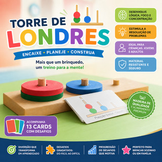 Torre de Londres com CARDS Madeira Jogo Educativo Lógico Raciocínio Neuropsicológico Pedagógico Avaliação
