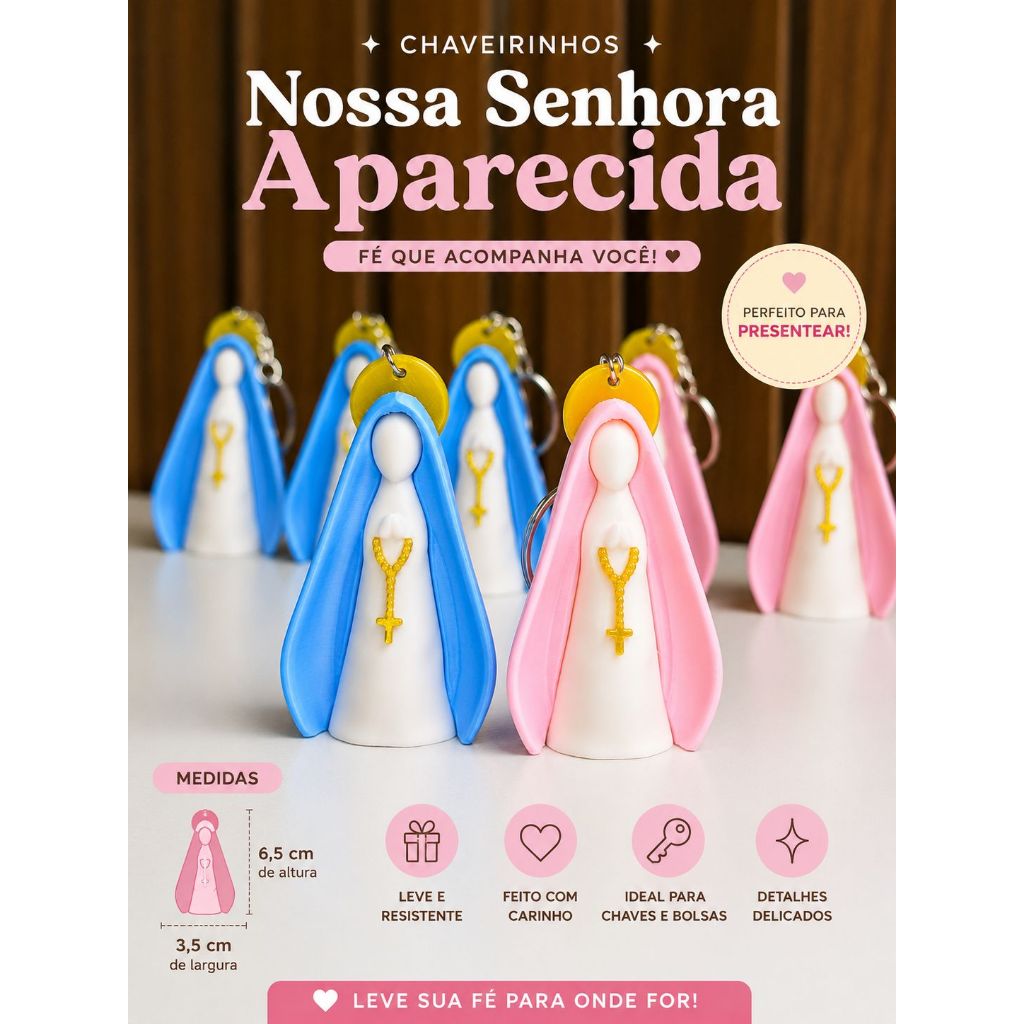 Kit 5 ou 10 Chaveiros Nossa Senhora Aparecida Rosa e Azul - Lembrancinha Católica em Impressão 3D - Chaveiro Religioso
