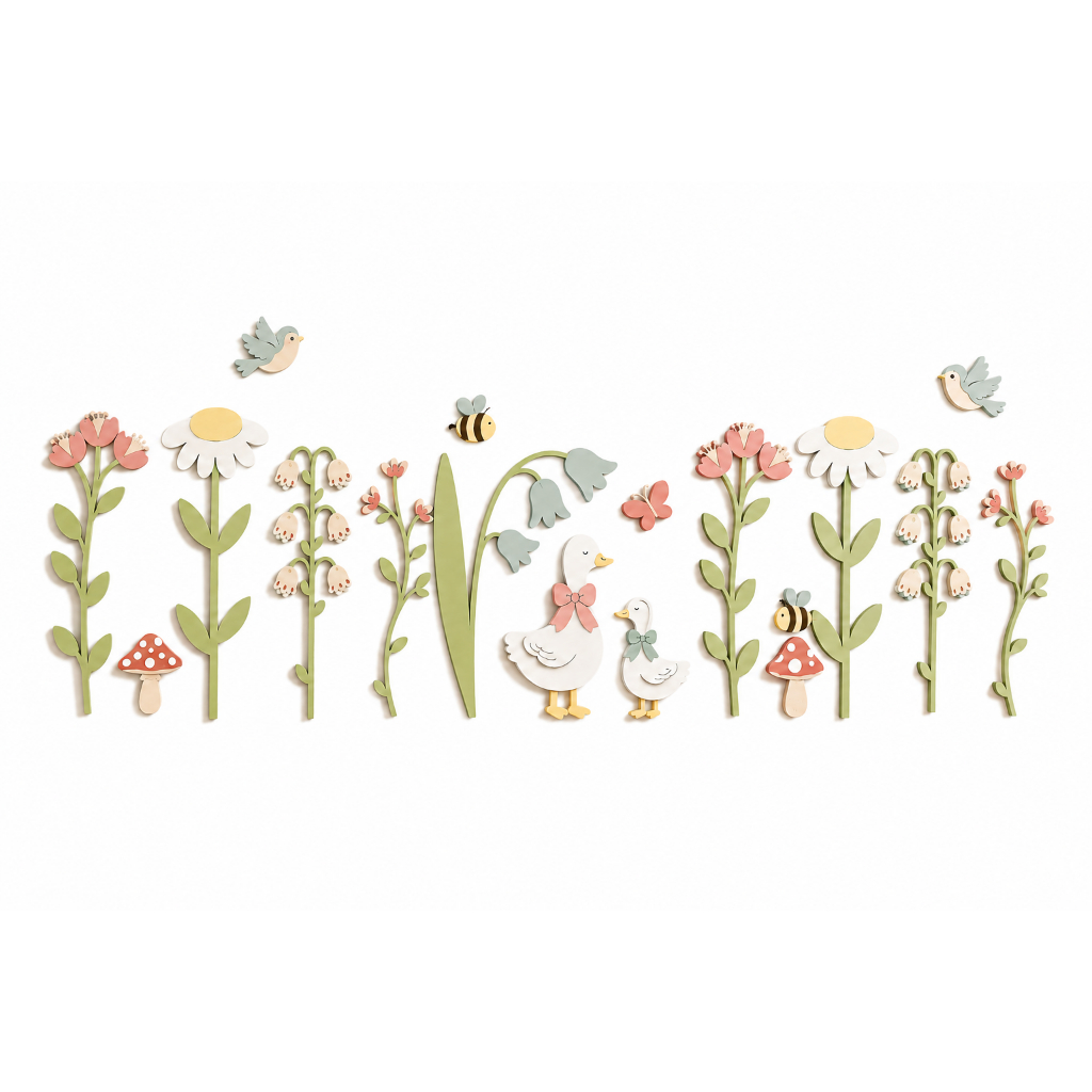 Painel Decorativo Infantil Jardim Cottage em MDF Camadas para Quarto de Bebê Patinho - Passarinho - Abelha - Flores