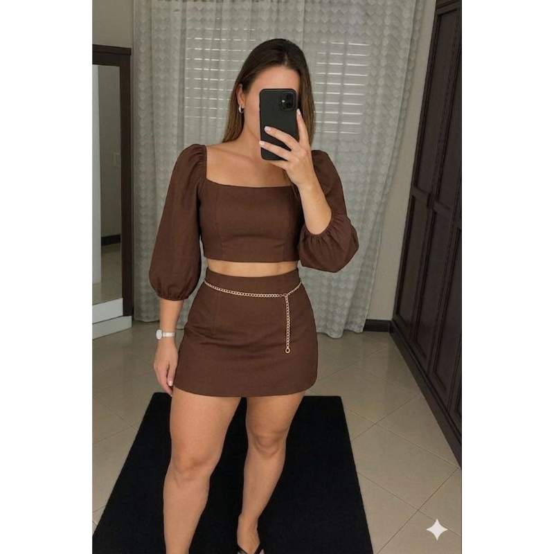 Conjunto Short Saia e Cropped Manga Longa Cores Lisas e Variadas