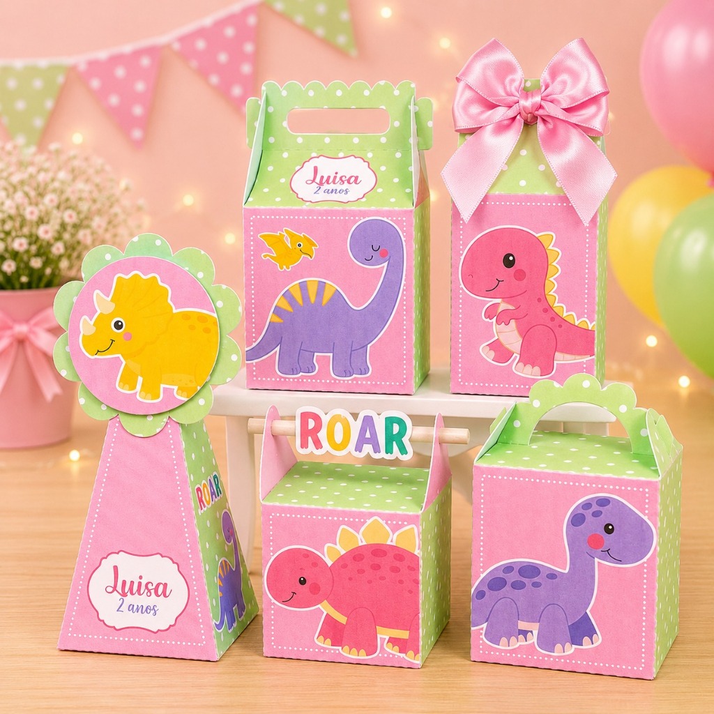 Kit festa tema Dinossauro Menina  Caixinha Personalizada lembrancinha aniversário Dinossauro