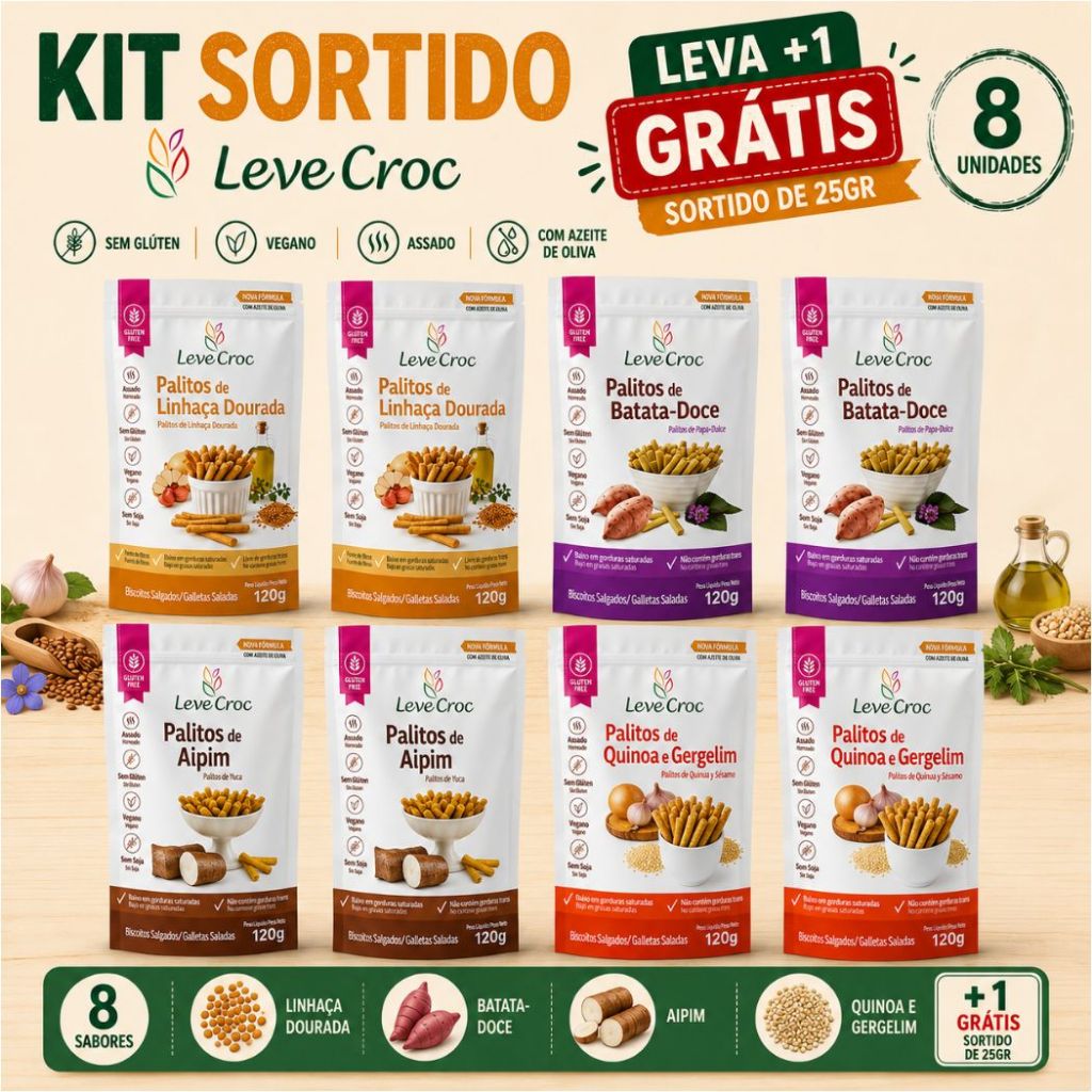 Kit com 8 ou 4 Biscoitos Sortidos Palitos Salgados S/Glúten Sabores Leve Croc 120g Leva + 1 de 25gr Grátis Sortido